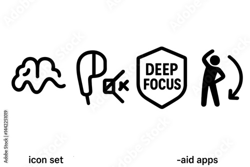 Concentration icons connecting calm waves, audio, achievement, and movement