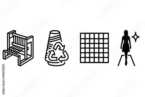 Apparel icons linking tech loom, material, design, and show