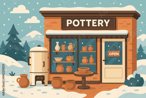 Winter pottery shop scene with clay, kilns, pots, and snow outside