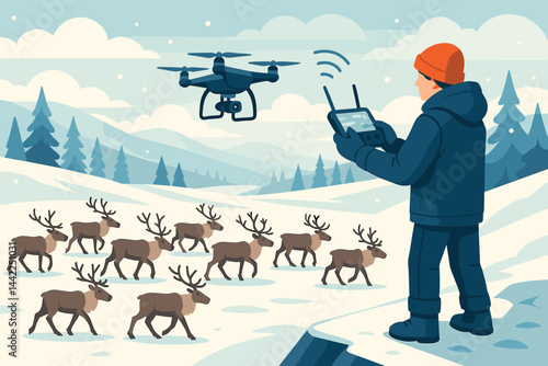 Flat Arctic-herding scene linking UAV screen, herd dots, and ice cliffs