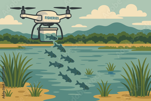 Flat habitat-restoration scene with UAV tanks, marsh grass, and tidal flats