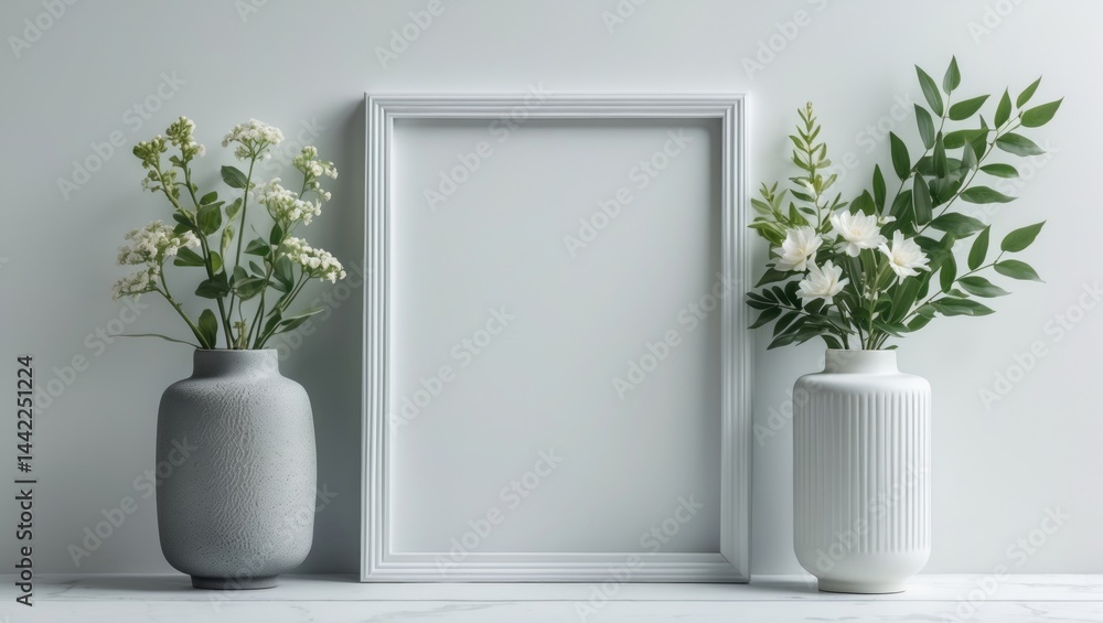 Living space interior adorned with decorative elements. Mockup including a white frame and a vase with small flowers and green leaves. Living space interior adorned with decorative elements. Mockup including a white frame and a vase with small flowers and green leaves.