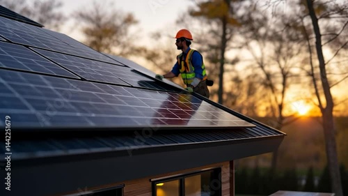 Wallpaper Mural Technician installing solar panels on a modern house roof at sunset. Warm light, autumnal trees in background. Focus on the solar panel and the worker's silhouette Torontodigital.ca