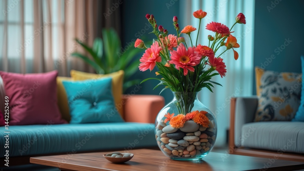 Plant in transparent vase placed on wooden table Plant in transparent vase placed on wooden table