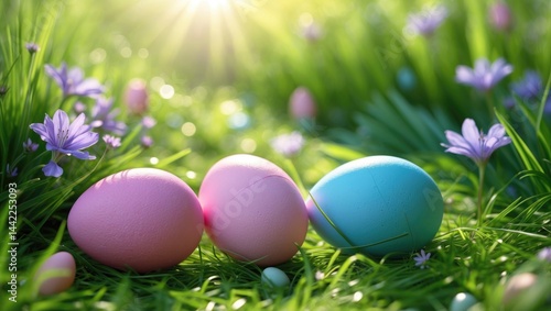 On the green grass, pink and blue Easter eggs are nestled among delicate flowers under the bright rays of the sun