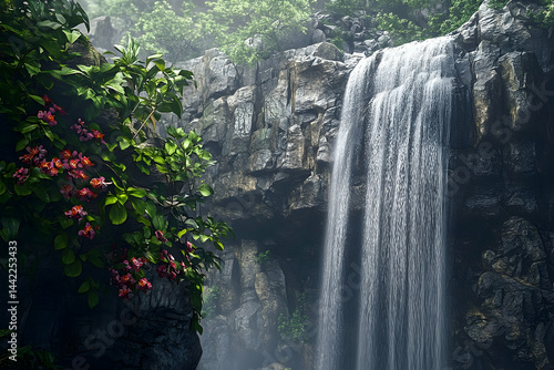 Fototapeta Naklejka Na Ścianę i Meble -  Lush waterfall cascading over rocky cliffs.