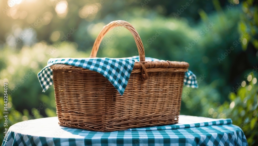 Tablecloth-covered table holding a picnic basket, creating a relaxed atmosphere Tablecloth-covered table holding a picnic basket, creating a relaxed atmosphere