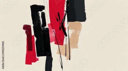 Modern abstract painting with bold red, black, beige, and white brushstrokes and lines on a light background