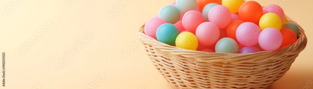 Colorful balls in a wicker basket on a soft background Colorful balls in a wicker basket on a soft background