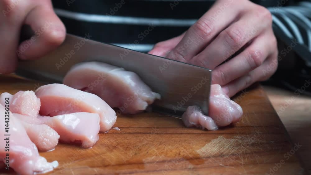 A woman is cutting chicken breast fillet into strips on a wooden cutting board A woman is cutting chicken breast fillet into strips on a wooden cutting board