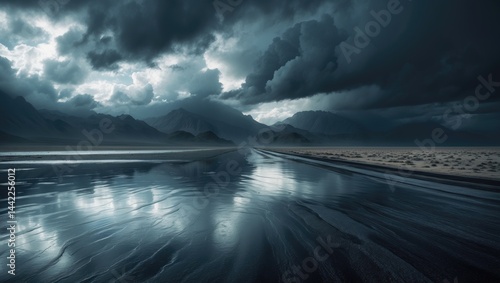 Mountains and asphalt road accompanied by dark, cloudy skies