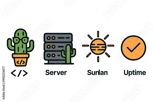 Data-center symbols feature a mascot, a rack, cooling, and reliability elements