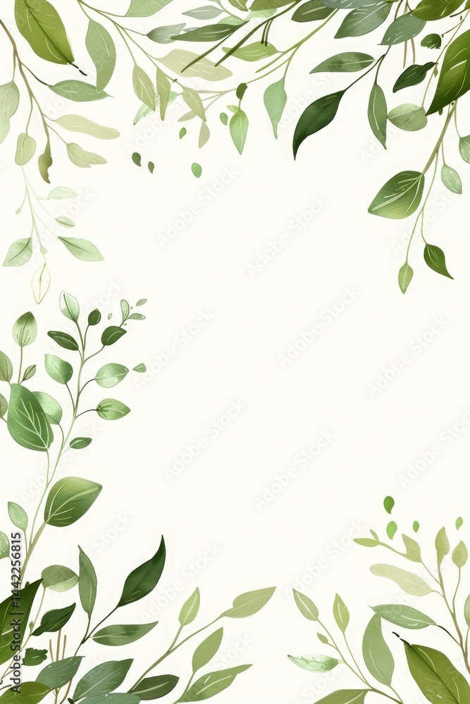Fototapeta premium Elegant watercolor green leaves frame border on white background with central space for text