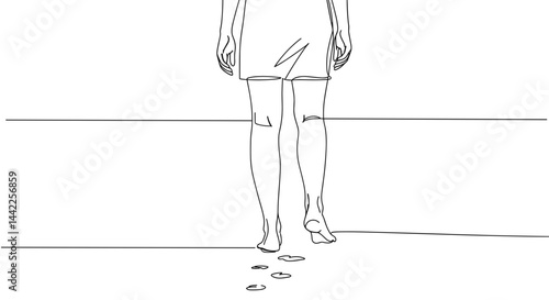 One-Line Art Woman Walking on Beach with Footprints  
