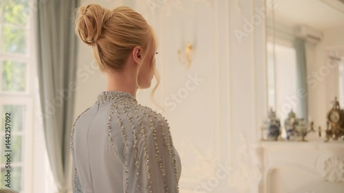 Chic vibes only, elegant blonde stuns in a pearl-detailed cape dress, serving royal-core glam by a luxe mirror with vintage deco and aesthetic blue porcelain. natural light, pastel palette, HQ 4K 