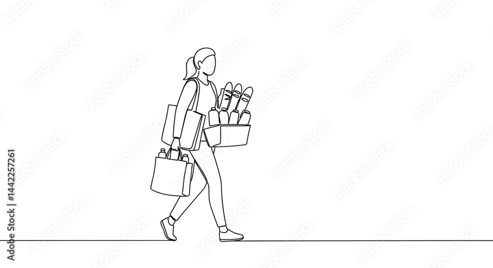 Line Art Person Carrying Groceries while Walking on Plain Background Line Art Person Carrying Groceries while Walking on Plain Background