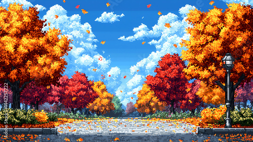 pixel art landscape of a pixelated autumn forest, vibrant 16-bit colors, colorful leaves