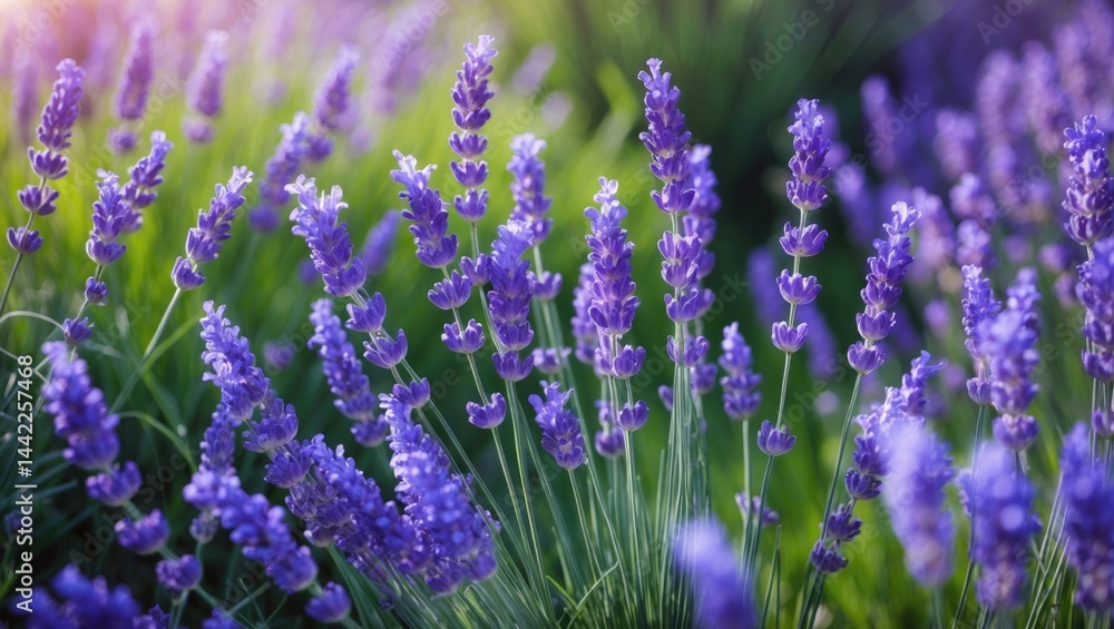 Obraz premium Sunlit Blue Lavenders background showcasing English cottage garden flowers and lavender fields