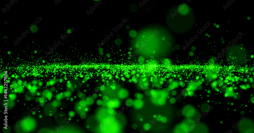 Fototapeta premium Beautiful green shine Floating Dust in black space. Particles In Air With Bokeh. Backdrop for awards ceremony, nightclub, fashion show