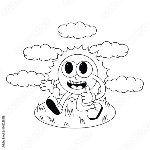 sun face impressed character doodle line art vector on the grass and cloud