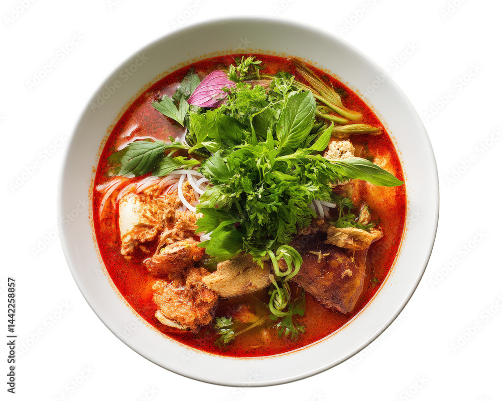 Bowl of crab noodle soup featuring vibrant red broth, fresh herbs, and tender meat, creating delightful and aromatic dish that is both comforting and flavorful Bowl of crab noodle soup featuring vibrant red broth, fresh herbs, and tender meat, creating delightful and aromatic dish that is both comforting and flavorful