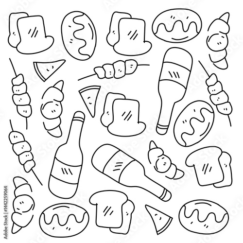 Cute food doodles of ice creams drinks and sauces in sketchy line style