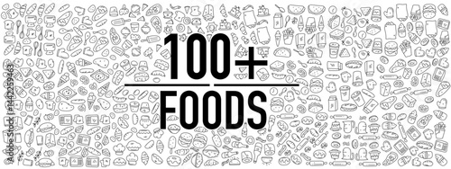 Massive icon set of over 100 food doodles for menu or culinary design use