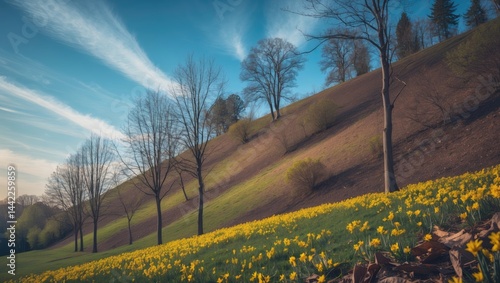 Explore a park in early spring featuring a hill adorned with blooming trees and vibrant flowers.