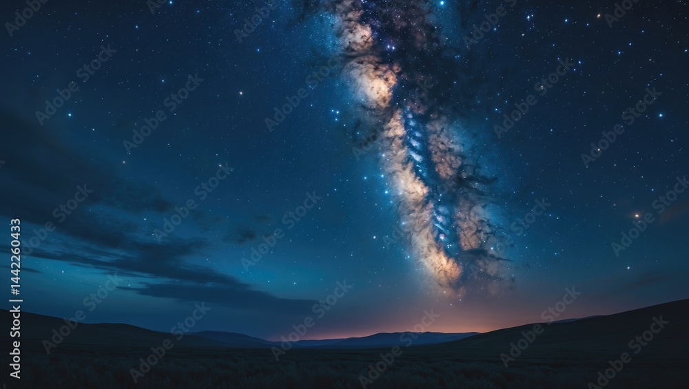 Fototapeta premium Blue nighttime panorama showcasing stars on a dark canvas.