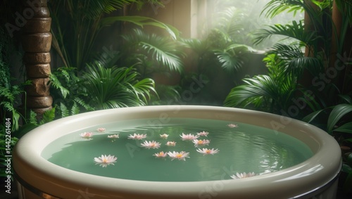 Bathtub outdoors within a spa setting