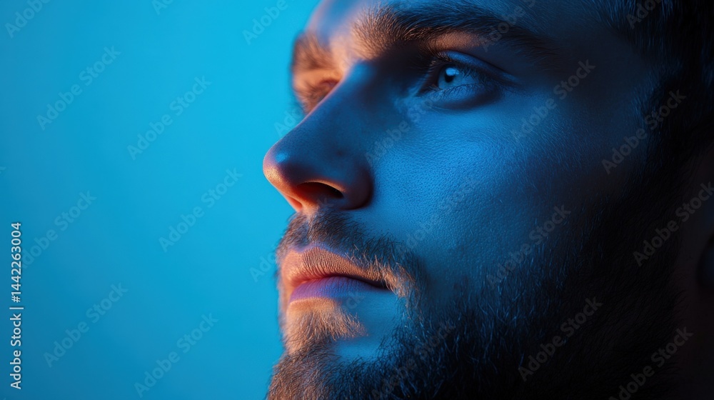 Obraz premium Man looks upward in blue light