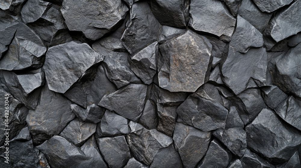 Textured black stone surface with irregular shapes and sizes, creating natural and rugged appearance. This background evokes sense of strength and stability, perfect for various design projects Textured black stone surface with irregular shapes and sizes, creating natural and rugged appearance. This background evokes sense of strength and stability, perfect for various design projects