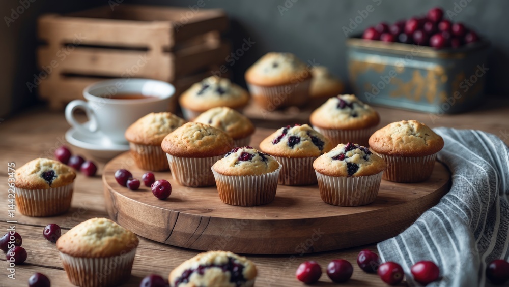 A cutting board showcases muffins with cranberries and chocolate, set in a warm home atmosphere with beautiful interiors, natural wood, and a tea cup A cutting board showcases muffins with cranberries and chocolate, set in a warm home atmosphere with beautiful interiors, natural wood, and a tea cup