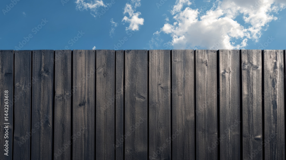 Black wooden slats create striking contrast against bright blue sky filled with fluffy clouds, evoking sense of tranquility and natural beauty Black wooden slats create striking contrast against bright blue sky filled with fluffy clouds, evoking sense of tranquility and natural beauty