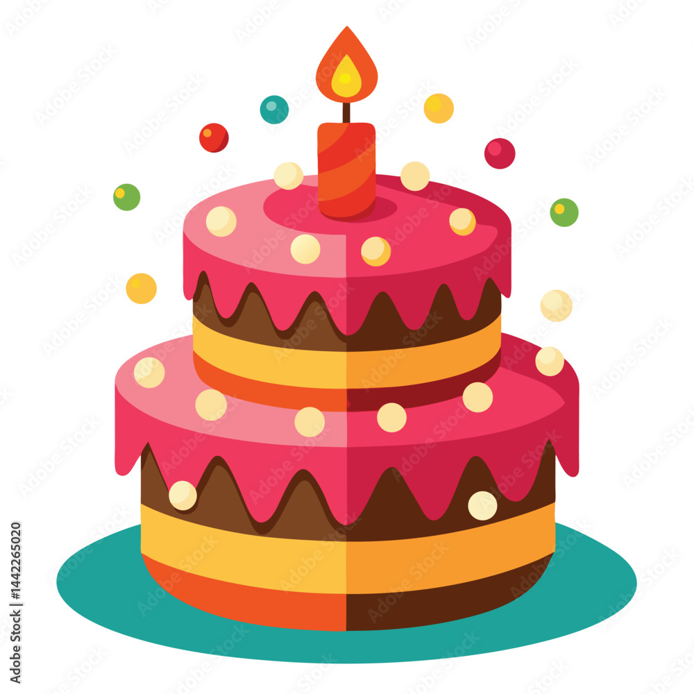 Colorful Cartoon Two Tiered Birthday Cake with Candle Colorful Cartoon Two Tiered Birthday Cake with Candle
