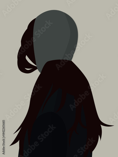 Vector flat image of a young girl with dark long hair in a gray knitted cap. Design for avatars, posters, backgrounds, templates, banners, textiles, postcards.