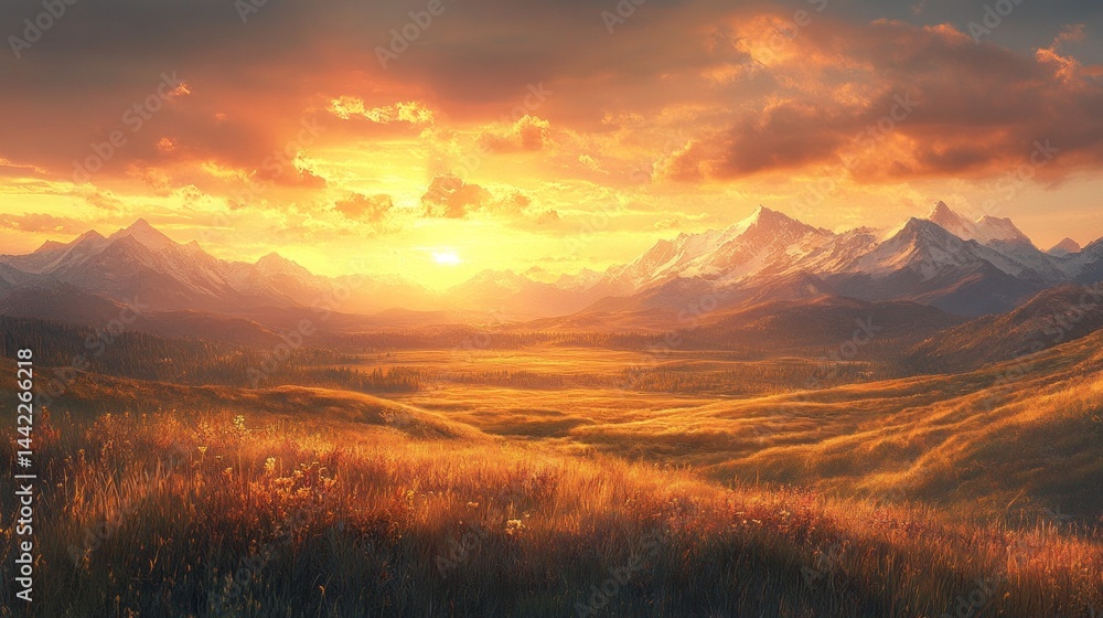 Obraz premium An expansive landscape features rolling hills illuminated by the warm glow of golden hour, framed by majestic snow-capped mountains in the distance. The colors create a tranquil atmosphere