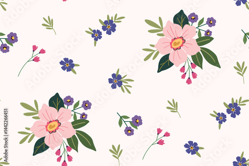 Seamless floral pattern, cute ditsy print with small and large plants in liberty composition. Pretty botanical surface design of hand drawn flowers, tiny leaves, simple bouquets. Vector illustration.