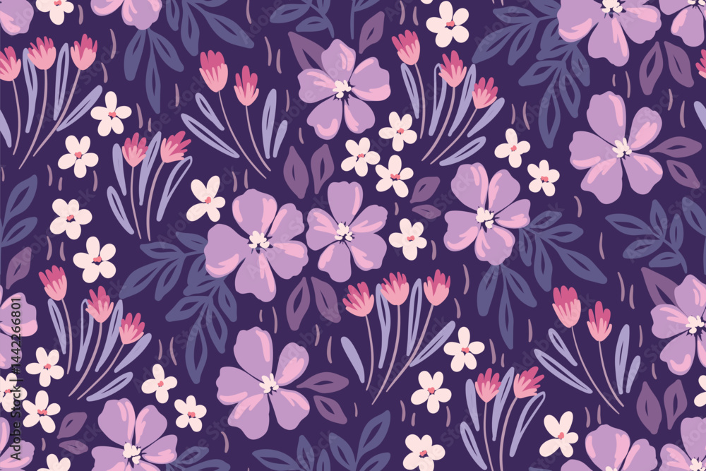 Seamless floral pattern, liberty ditsy print with hand drawn purple meadow. Cute botanical design, abstract artistic print of small flowers, leaves on dark field. Vector illustration. Seamless floral pattern, liberty ditsy print with hand drawn purple meadow. Cute botanical design, abstract artistic print of small flowers, leaves on dark field. Vector illustration.