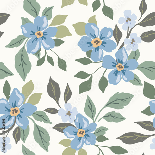 Seamless floral pattern, liberty ditsy print in delicate spring colors. Cute botanical design of gentle hand drawn blue flowers, large leaves, simple pretty bouquets. Vector illustration.