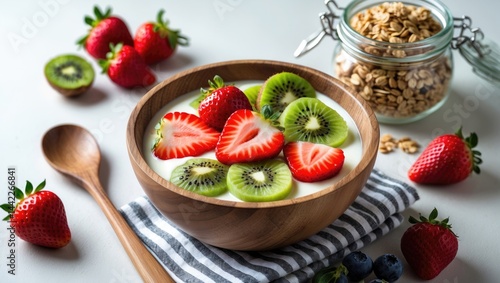 A light background features a wooden bowl filled with natural yogurt, granola, kiwi, and strawberries, accompanied by fresh berries and fruits. Healthy breakfast concept.