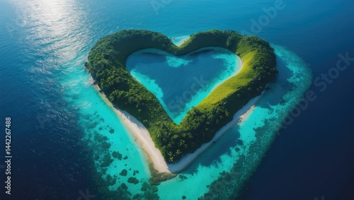 High-altitude view of the heart-shaped island