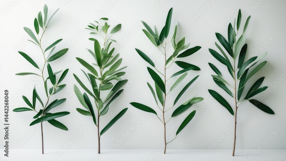 Group of green olive branch photographs on a white canvas Group of green olive branch photographs on a white canvas