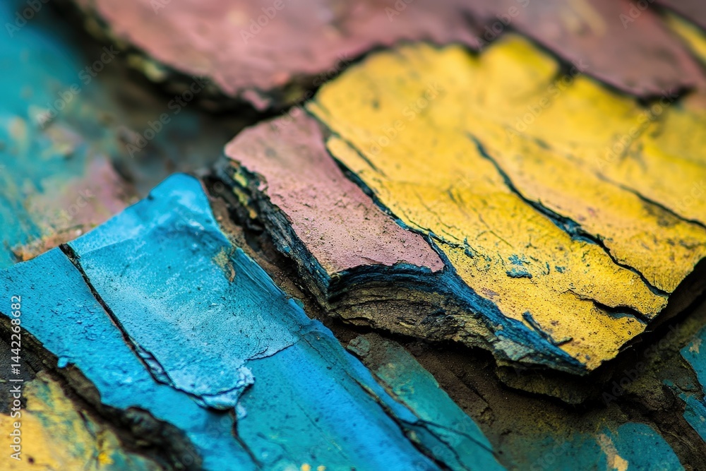 Closeup view of vibrant, weathered, multi-colored, textured surface. Closeup view of vibrant, weathered, multi-colored, textured surface.
