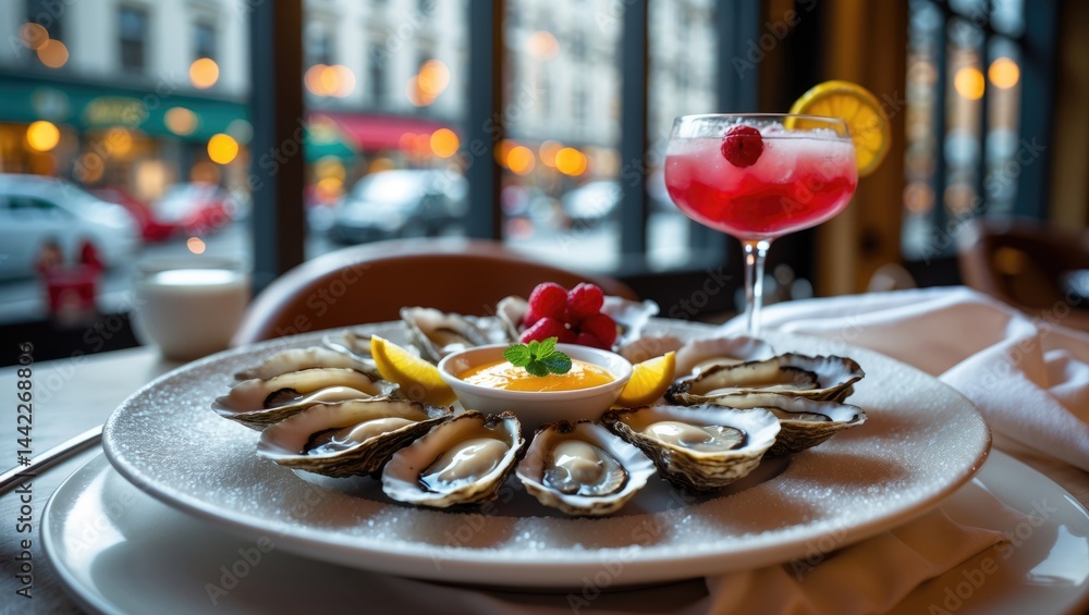 Obraz premium Twelve oysters in their raw form paired with a Bloody Mary.
