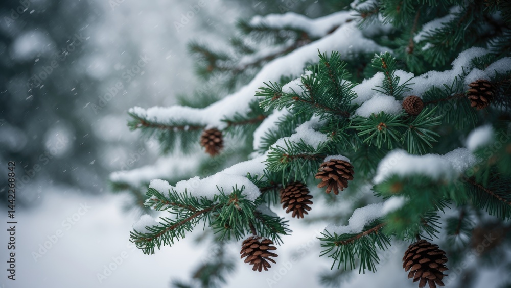 A close inspection of evergreen boughs adorned with a fresh layer of snow, revealing pine cones among the foliage. A close inspection of evergreen boughs adorned with a fresh layer of snow, revealing pine cones among the foliage.