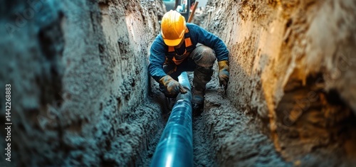 Construction worker examines pipe in trench