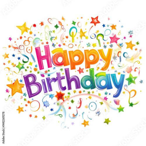 Happy Birthday Wishes: A vibrant collection of colorful confetti, stars, and ribbons surround the words 