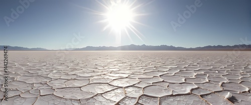 Expansive desert salt flats shimmering under a cloudless midday sun with distant mirages