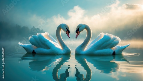 Fototapeta Naklejka Na Ścianę i Meble -  Pair of graceful swans reflecting in tranquil water with foggy surroundings